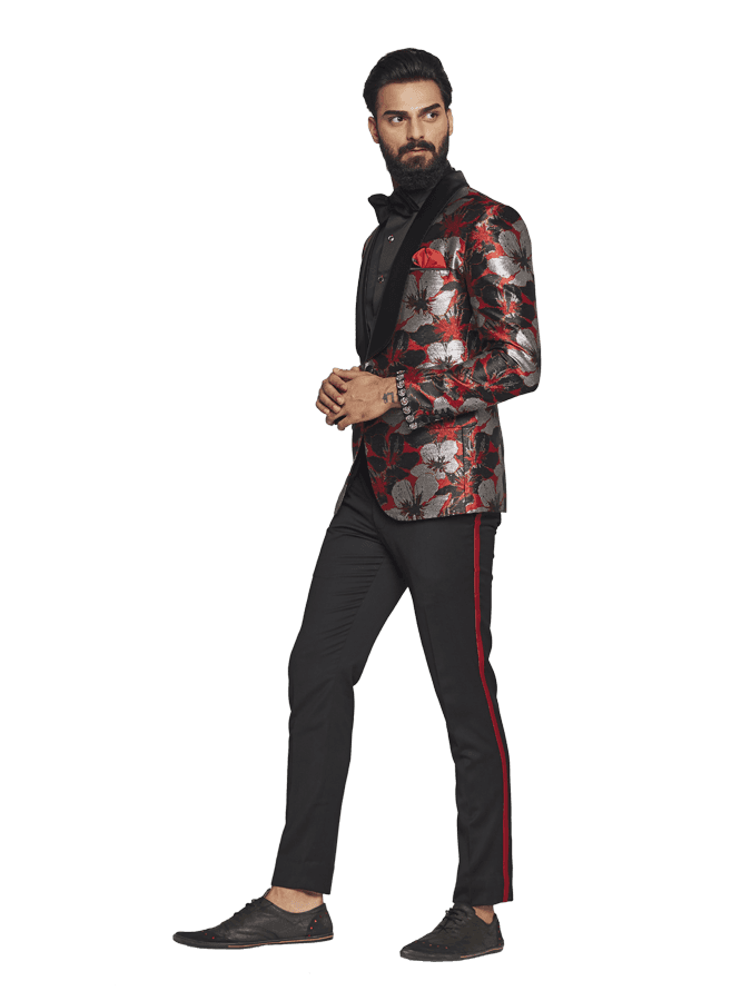 RED AND BLACK JACQUARD TUXEDO