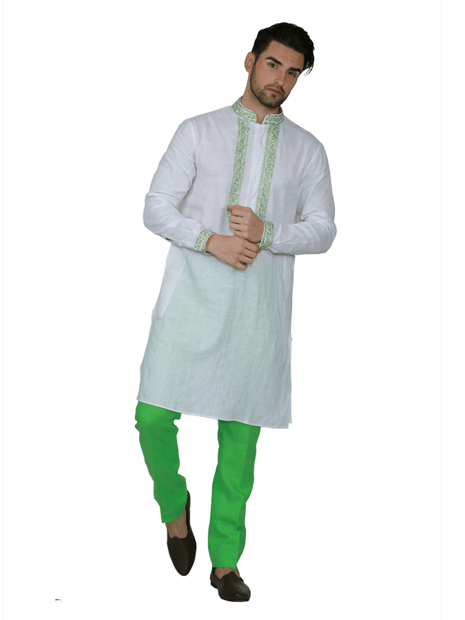 WHITE EMBROIDERED KURTA WITH GREEN CHURIDAR