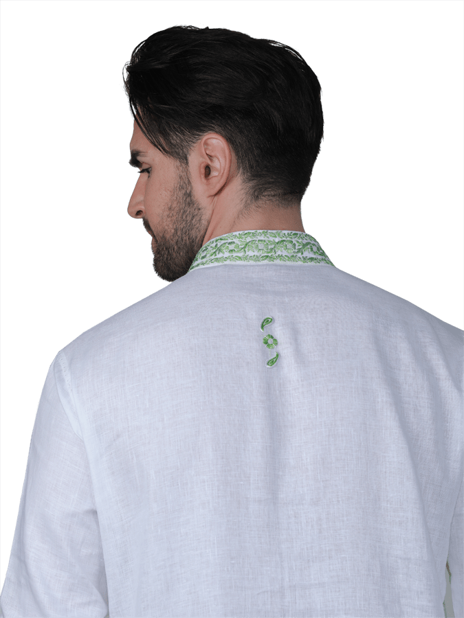 WHITE EMBROIDERED KURTA WITH GREEN CHURIDAR