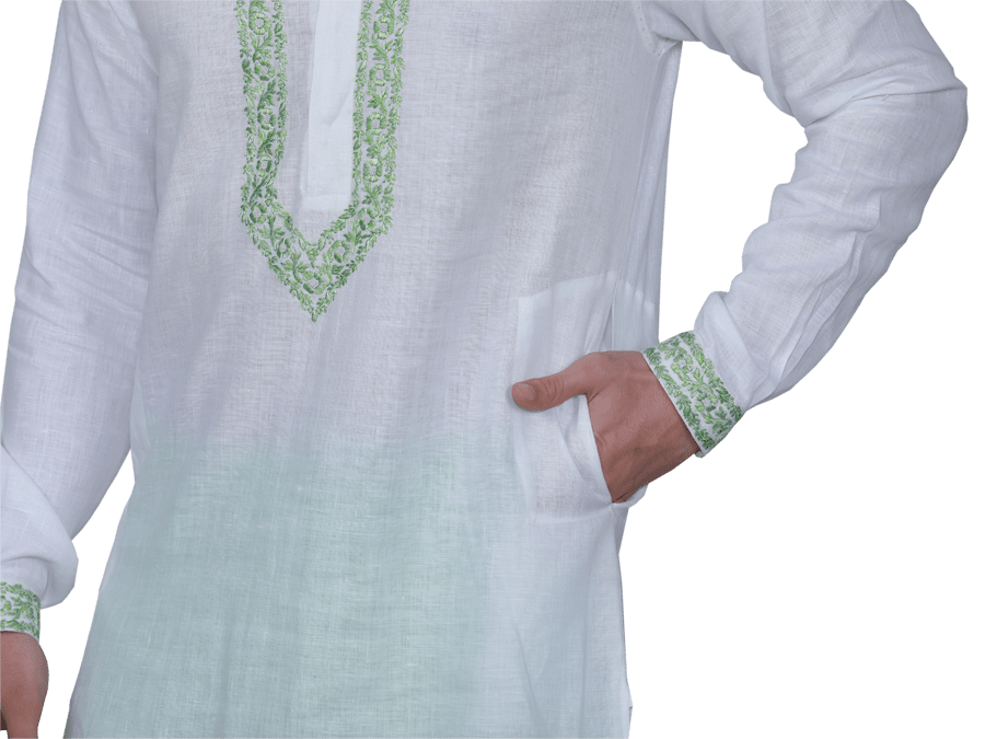 WHITE EMBROIDERED KURTA WITH GREEN CHURIDAR